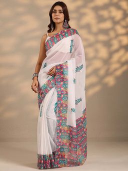 Libas - Women Multi-Color-Off White Printed Silk Blend Saree with Unstitched Blouse