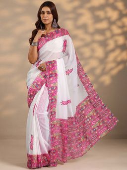 Libas - Women Pink-Off White Printed Silk Blend Saree with Unstitched Blouse