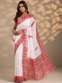 Libas - Women Red-Off White Printed Silk Blend Saree with Unstitched Blouse