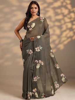 Libas - Women Olive Floral Printed Silk Blend Beads Work Saree with Unstitched Blouse
