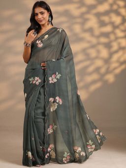 Libas - Women Grey Floral Printed Silk Blend Beads Work Saree with Unstitched Blouse