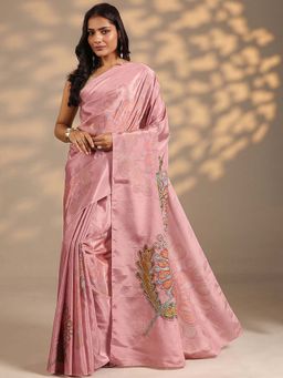 Libas - Women Peach Floral Printed Sequined Work Silk Blend Saree with Unstitched Blouse