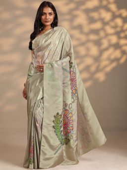 Libas - Women Green Floral Printed Sequined Work Silk Blend Saree with Unstitched Blouse