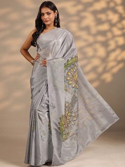 Libas - Women Grey Floral Printed Sequined Work Silk Blend Saree with Unstitched Blouse