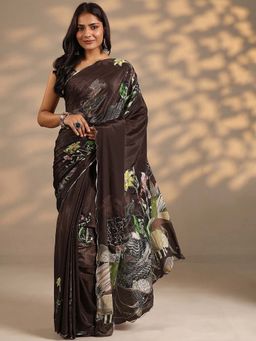 Libas - Women Brown Floral Printed Beads Work Silk Blend Saree with Unstitched Blouse