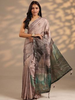Libas - Women Taupe Printed Embellished Silk Blend Saree with Unstitched Blouse