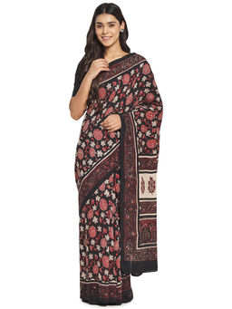 Fabindia - Black Bagru Viscose Blend Saree
