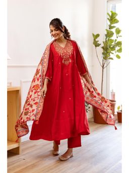 Autumnlane - Mani Scarlet Handwork Anarkali Kurta with Pant and Dupatta (Set of 3)