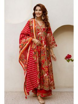 Autumnlane - Khevna Crimson Floral Printed Angarkha Kurta with Palazzo and Dupatta (Set of 3)