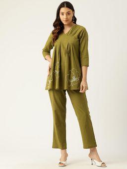 Autumnlane - Raya Olive Cotton Embroidered Co-Ord (Set of 2)