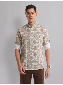 AD By Arvind - Men Casual Motif Printed Mandarin Collar Indie Shirt Beige