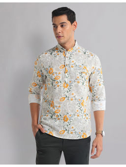 AD By Arvind - Men Casual Floral Mandarin Collar Indie Shirt Orange & Off White
