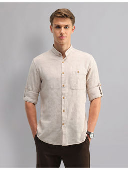 AD By Arvind - Men Casual Mandarin Collar Modern Slim Shirt Beige