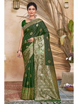 Sangam Prints - Dark Green Silk Woven Zari Work Traditional Tassel Saree with Unstitched Blouse