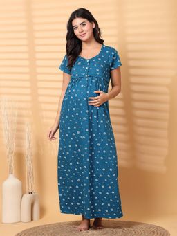 Secret Wish - Blue Floral Hosiery Maternity Nighty Blue