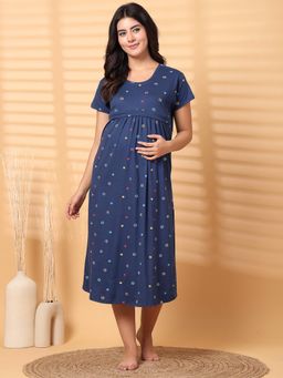 Secret Wish - Navy Blue Floral Hosiery Maternity Nighty Navy Blue