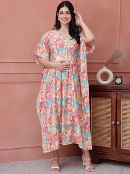 Secret Wish - Multi Floral Chanderi Silk Maternity Kaftan Dress Calf Length Multi-Color