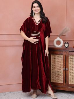 Secret Wish - Maroon Solid Velvet Maternity Kaftan Dress Full Length Maroon