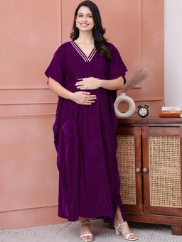 Secret Wish - Purple Solid Velvet Maternity Kaftan Dress Full Length Purple
