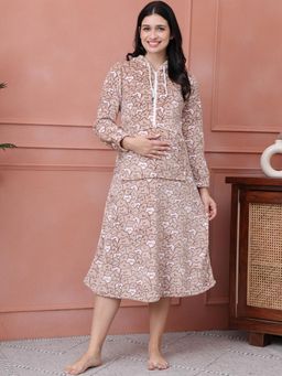 Secret Wish - Beige Printed Fur Woolen Maternity Nighty Beige