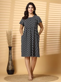Zelena - Women Half Sleeves Cotton Floral Printed Maternity Zipless Feeding Dress Black