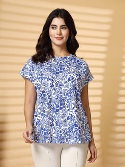 Zelena - Women Half Sleeves Cotton Floral Printed Maternity Zipless Feeding Top Blue