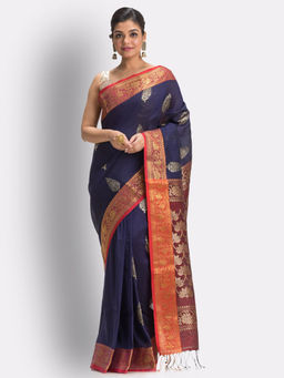 Angoshobha - Navy Blue Handloom Traditional Tangail Linen Saree with Unstitched Blouse