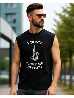 Bewakoof - Men's Jet Black Trust Me Graphic Printed Boxy Fit Vest