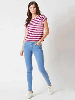 Miss Chase - Women's Multicolor Round Neck Short Sleeve Striped Boxy Cotton T-Shirt