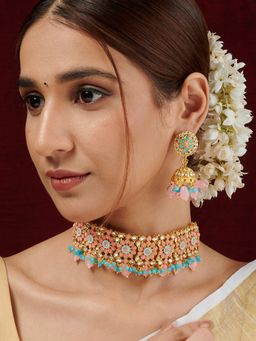 Teejh - Nabhya Blue and Pink Ruby Gold Necklace Set