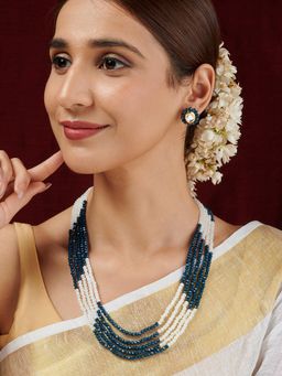 Teejh - Anmol White and Blue Beaded Necklace set