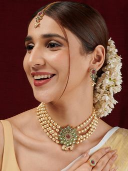 Teejh - Ghazal Red and Green Gold Necklace Set