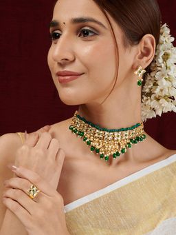 Teejh - Jinal Green Stone and White Necklace Set