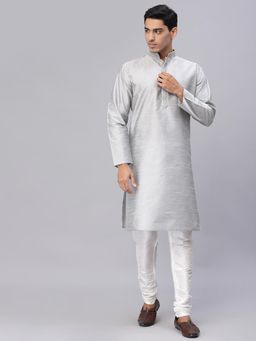 NEUDIS - Men Grey Solid Dupion Silk Thread Work Straight Kurta