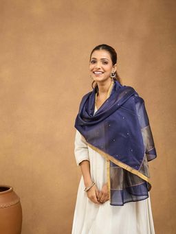 Fabindia - Navy Cotton Silk Blend Hand Embroidered Stole