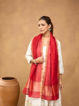 Fabindia - Red Cotton Silk Blend Hand Embroidered Stole