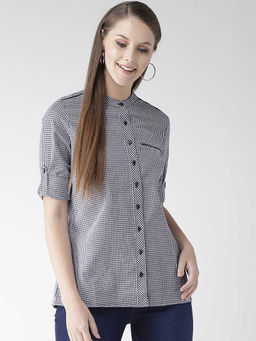 Xpose - Women Navy Blue & White Micro Checked Opaque Casual Shirt