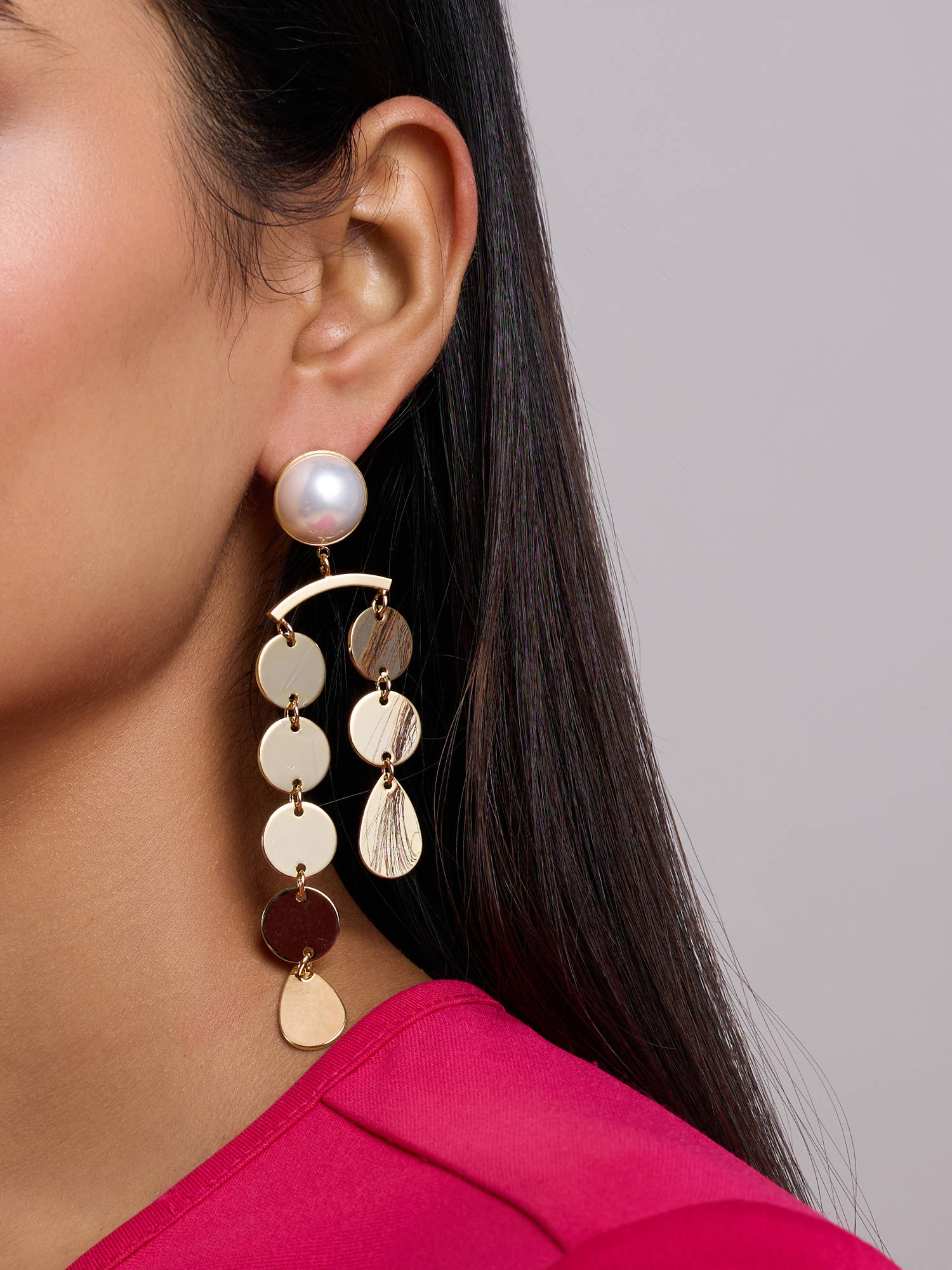 Gold Pearl Studded Metal Dangler Drop Earrings