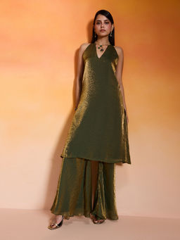 Gajra Gang - Green Gold Tissue Chiffon Racer Back Kurta & Sharara Summer Sahelis (Set of 2)