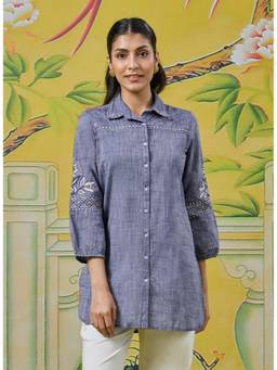 Lakshita - Elara Stone Blue Embroidered Shirt