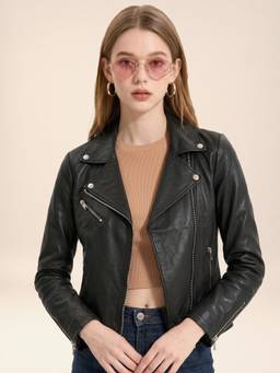 Leather Retail - Women's Black Faux Leather Biker Jacket