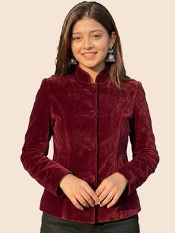 Leather Retail - Women's Maroon Velvet Notched Collar Jacket
