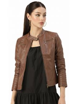 Leather Retail - Women's Tan Brown Faux Leather Motorcycle Jacket