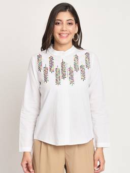CHARMGAL - Embroidered Mandarin Collar Ethnic Cotton Top