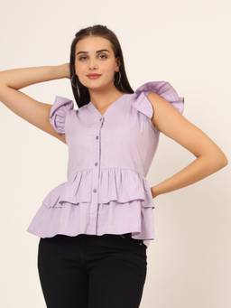 CHARMGAL - Flutter Sleeve Ruffles Cotton Peplum Top