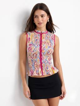 Outzidr - Multicolor Button Down Abstract Printed Peplum Top