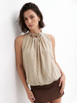 Outzidr - Beige Flowy Bubble Hem Beaded Neck Line Top