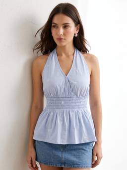 Outzidr - Blue Allover Embroidered Backsleeves Peplum Top