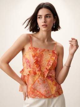 Outzidr - Orange Regular Fit Front Panel Smocking and Thin Straps Top