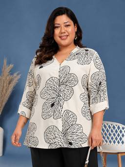 Martini - Women Off White Plus Size Big Print Buttoned Top